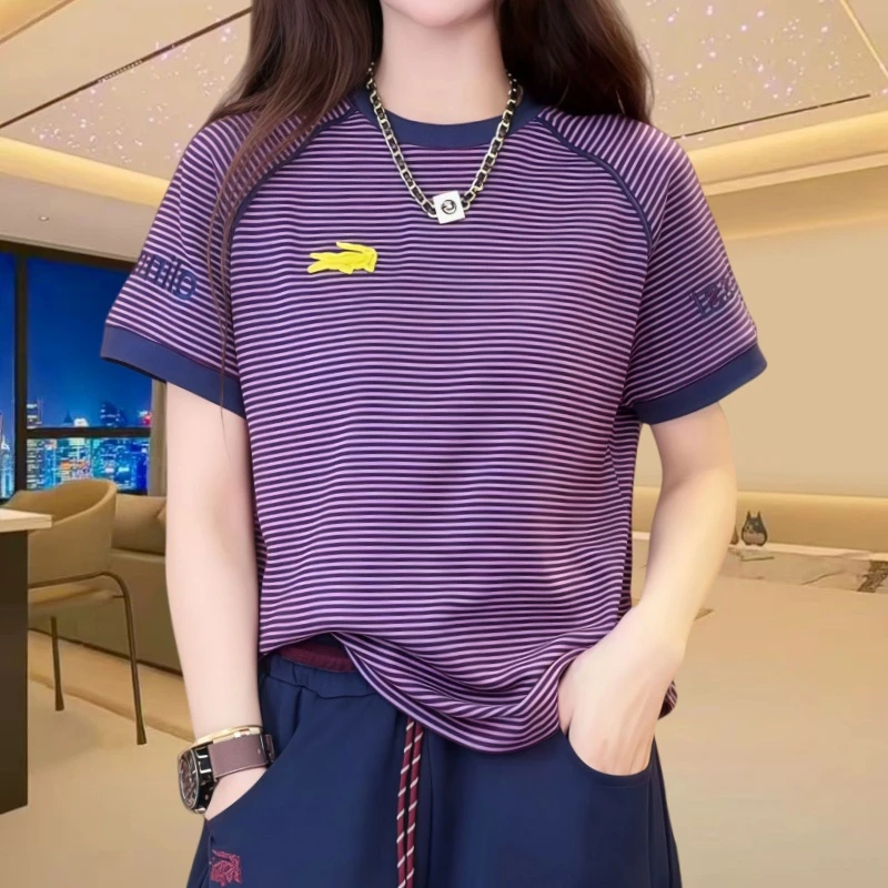 重工明线条纹刺绣T恤女2025夏季新款圆领百搭显瘦短袖上衣ins