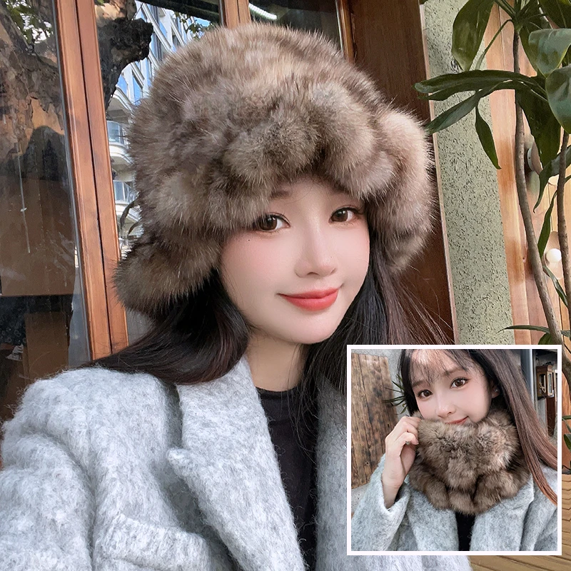 新款紫水貂毛编织脖套帽子两用女秋冬保暖真皮草毛绒貂皮弹力围脖