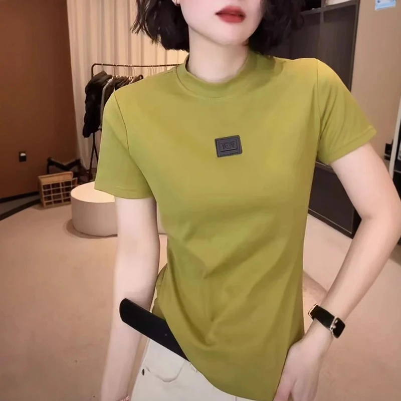 新款网红圆领短袖女T恤纯色洋气夏季显瘦设计感打底小衫上衣百搭