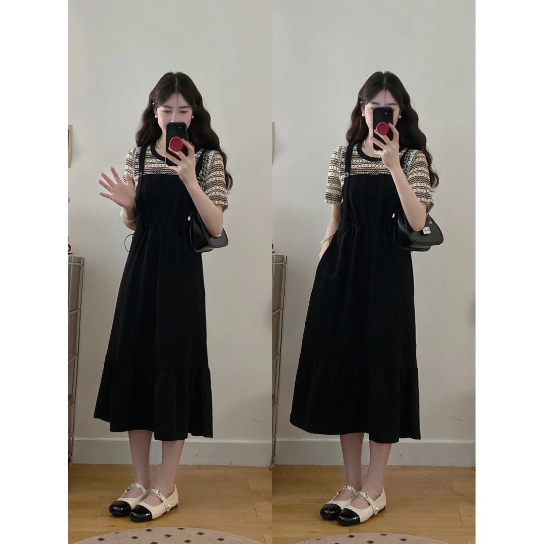 1589冰爽透气圆领成人拼接大码连衣裙夏季A字裙常规吊带