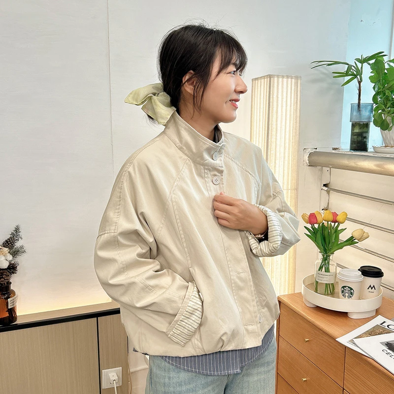 诗想 撞色袖口短款夹克女小个子显高韩版宽松百搭春秋季纽扣外套