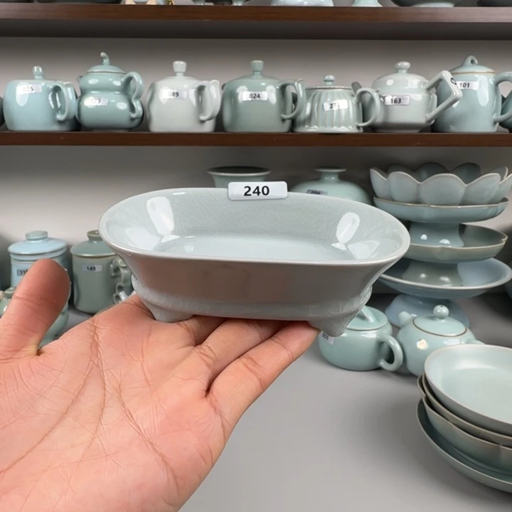 瓷片汝瓷水仙盆支钉烧仿古月白釉240