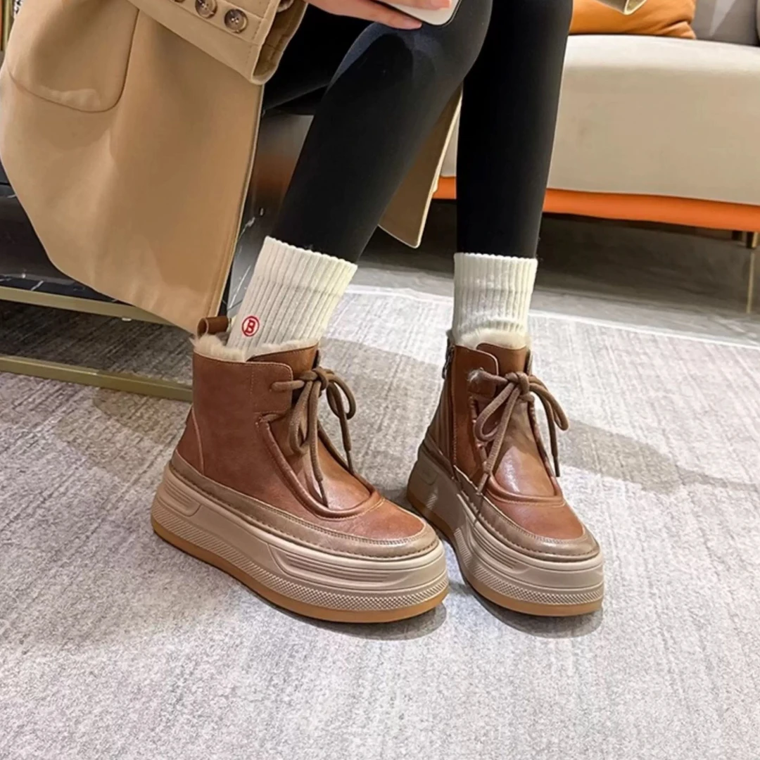 (短靴)真皮复古厚底加绒保暖短筒雪地靴女2025百搭马丁靴显瘦防滑