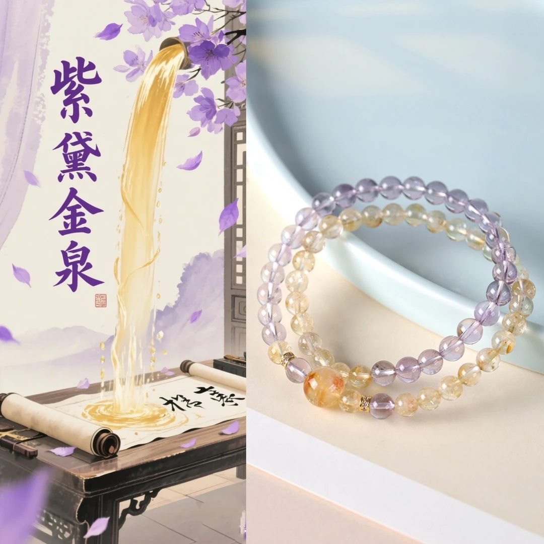 【紫黛金泉】六鼎智慧正品 紫水晶双圈手串黄水晶男女同款财财