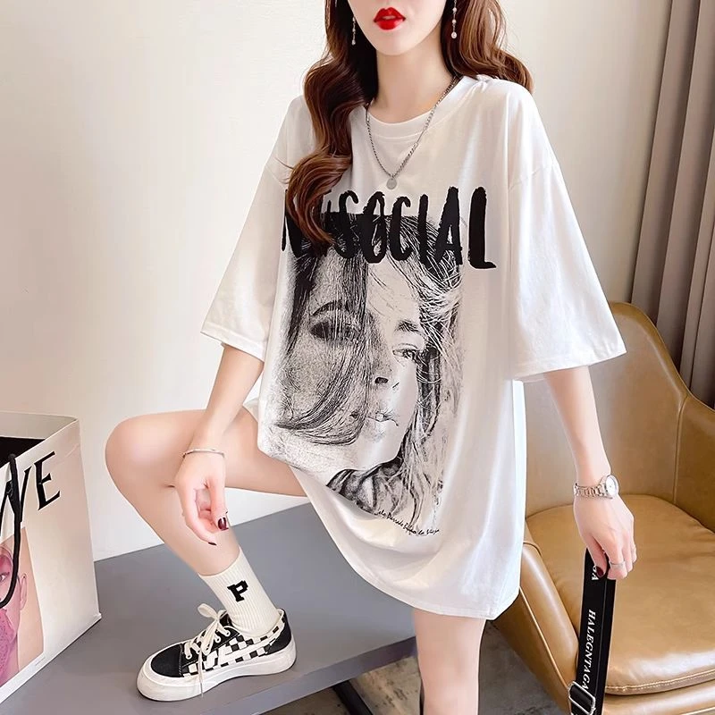 短袖t恤女2026春夏季大尺码女装中长版纯棉宽松洋派减龄半袖上衣