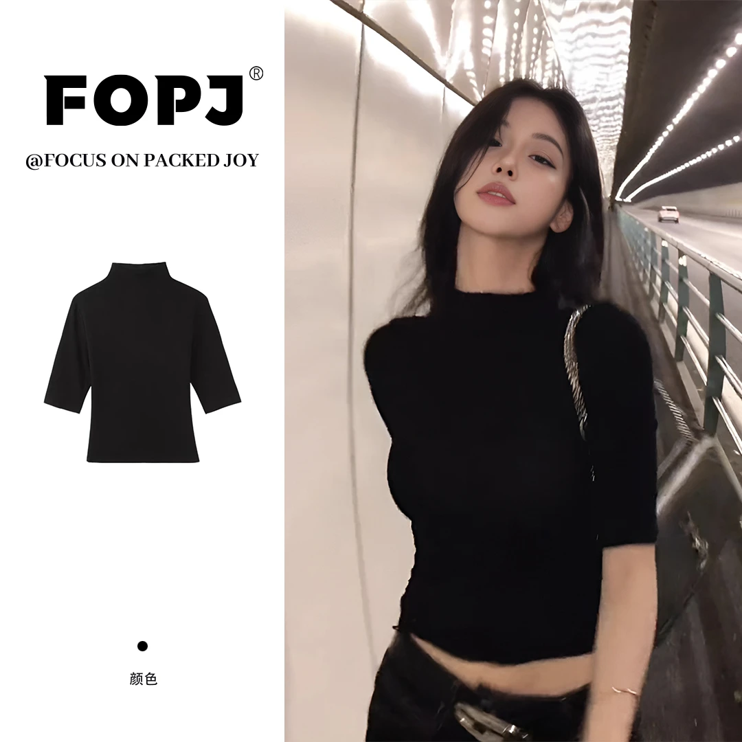FOPJ时尚简约纯欲风半高领中袖打底衫长袖t恤女辣妹修身显瘦上衣