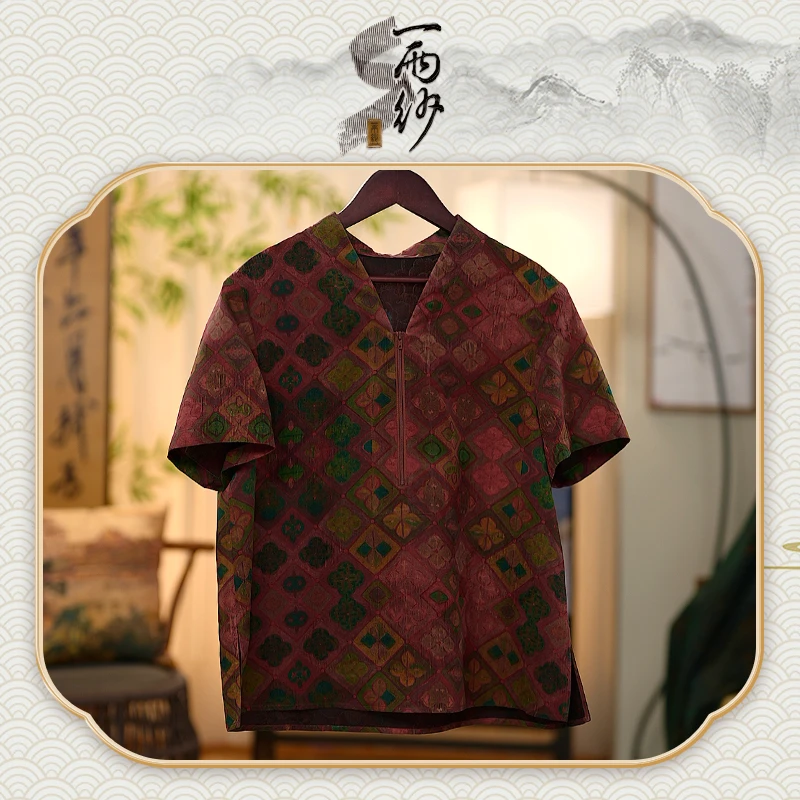 【灰粉幸运花●纱缎-V领卫衣】253076桑蚕丝纱罗缎香云纱上衣内搭50