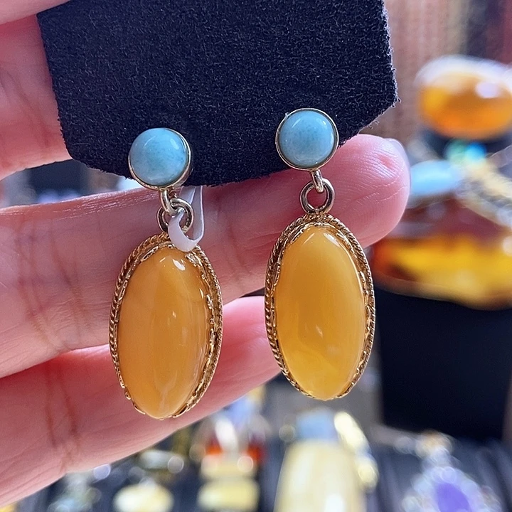 琥珀银S925镶嵌耳饰耳环