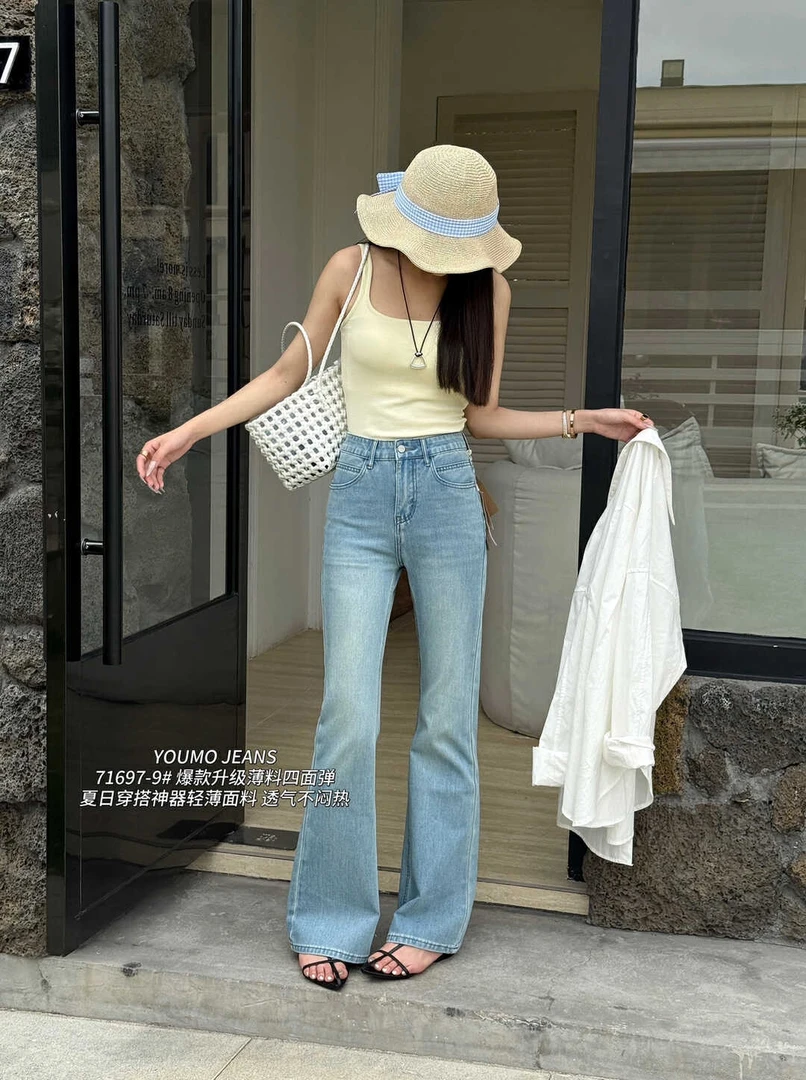 依凡家微喇牛仔裤浅色薄料四面弹