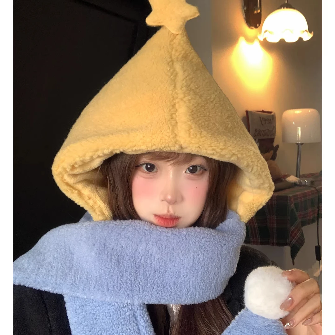 可爱黄色星星羊羔绒帽子围巾一体女冬季保暖护耳毛绒连帽护颈围脖