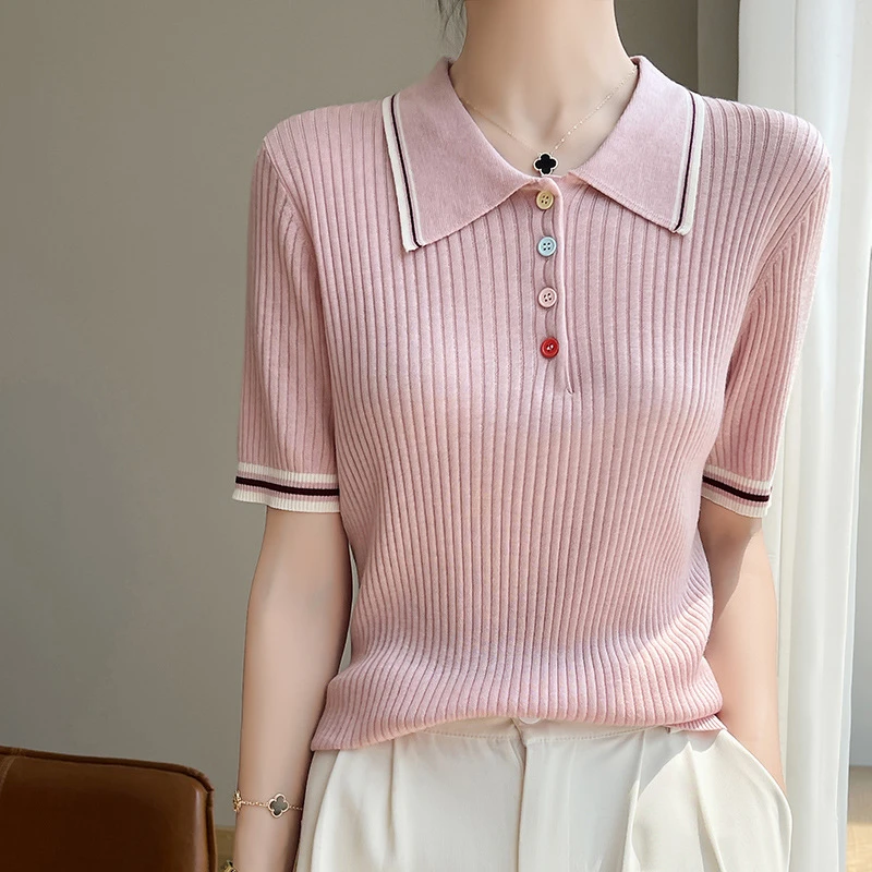 25年夏季新款精纺羊毛法式POLO领针织衫彩扣撞色短袖T恤宽松上衣