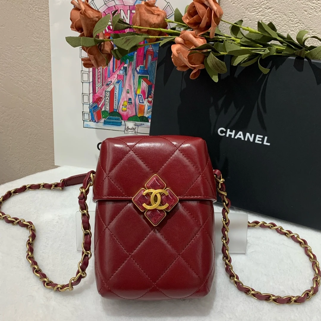 99新 Chanel/香奈儿 21A 酒红色金扣羊皮宝石盒子包