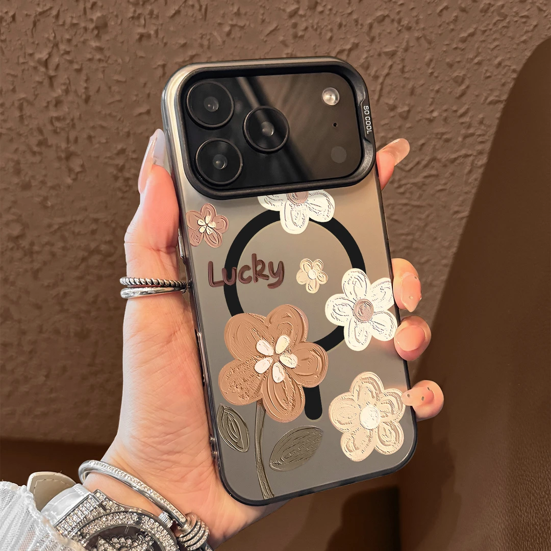 适用于苹果17promax磁吸手机壳lucky花朵磨砂高级感网红同款ins风