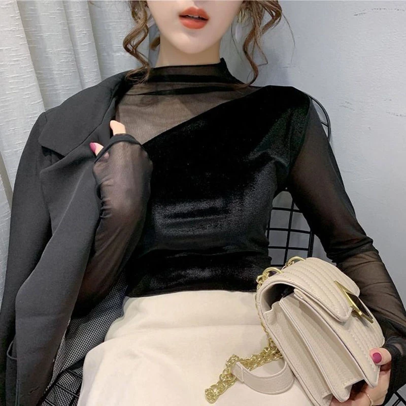 长袖上衣女秋冬季丝绒拼接修身气质百搭上衣半高领打底衫