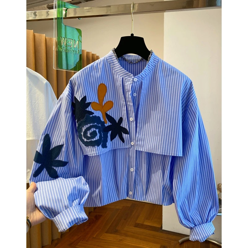 K6425欧货贴布刺绣白色衬衫女长袖新款宽松设计感小众短款上衣