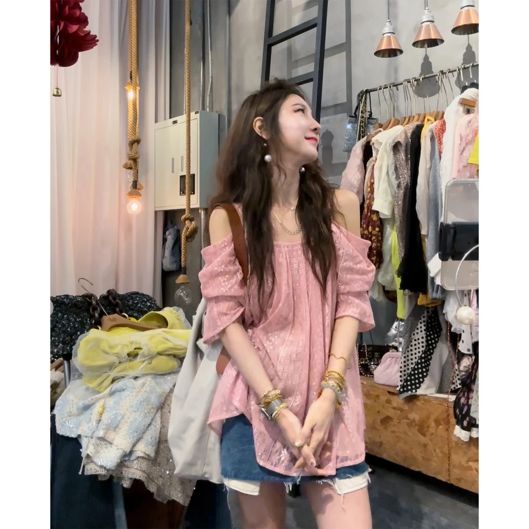 【现货】 定制款法式浪漫蕾丝刺绣提花一字肩衬衣衬衫棉