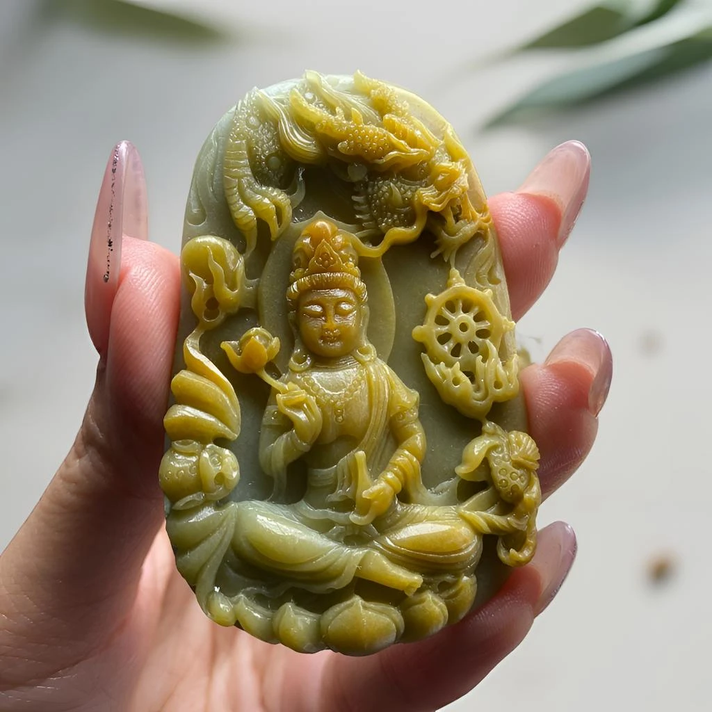 定制翡翠 黄翡御龙观音 毛货买断 尺寸67*40*9.6mm