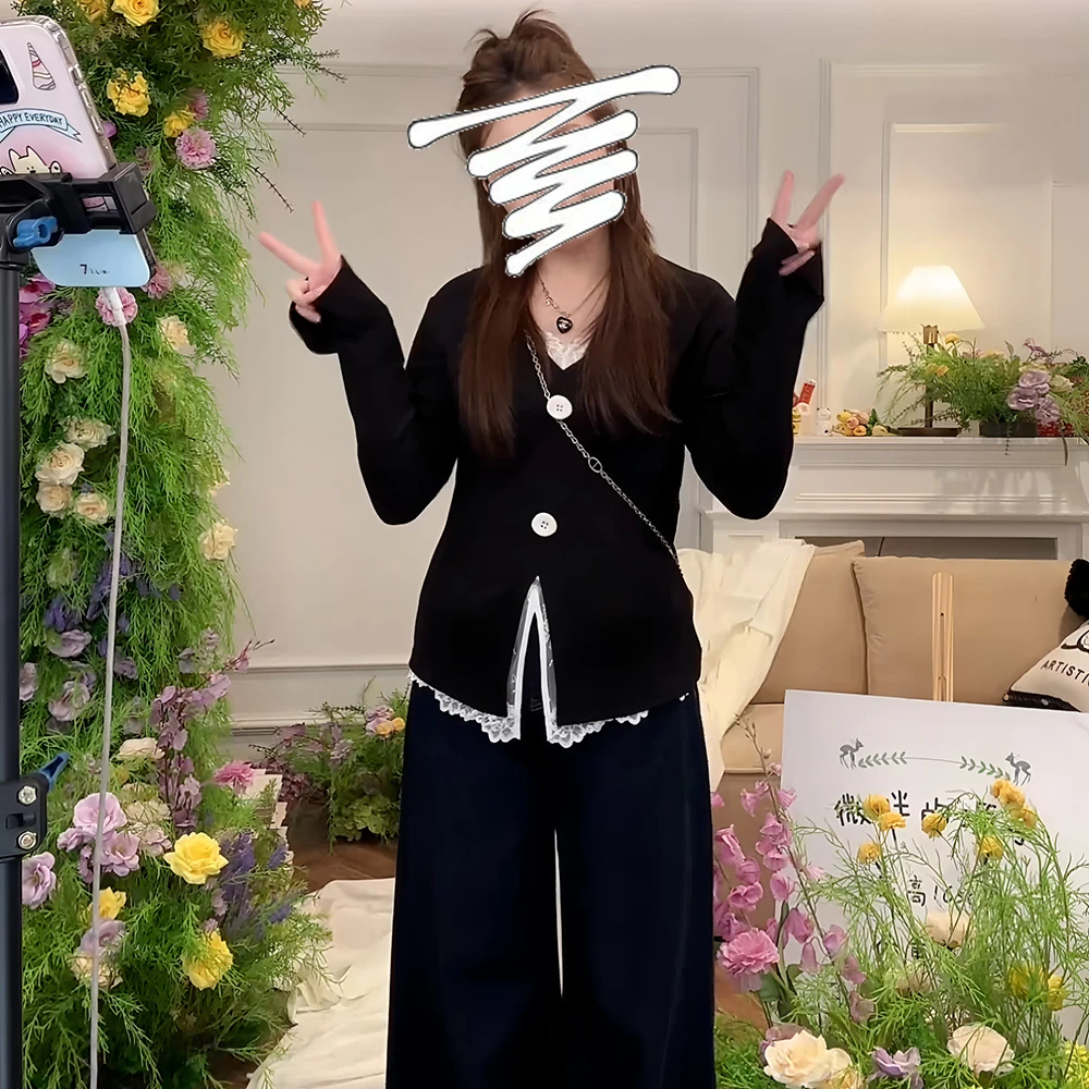 大码设计感蕾丝拼接假两件针织衫女2025春装胖mm收腰显瘦小衫上衣