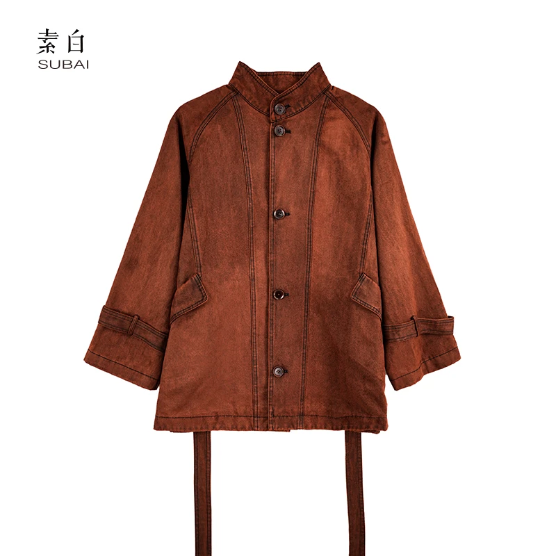 素白简约立领【宫近亲】T01872休闲设计感复古中长款腰带系风衣外套