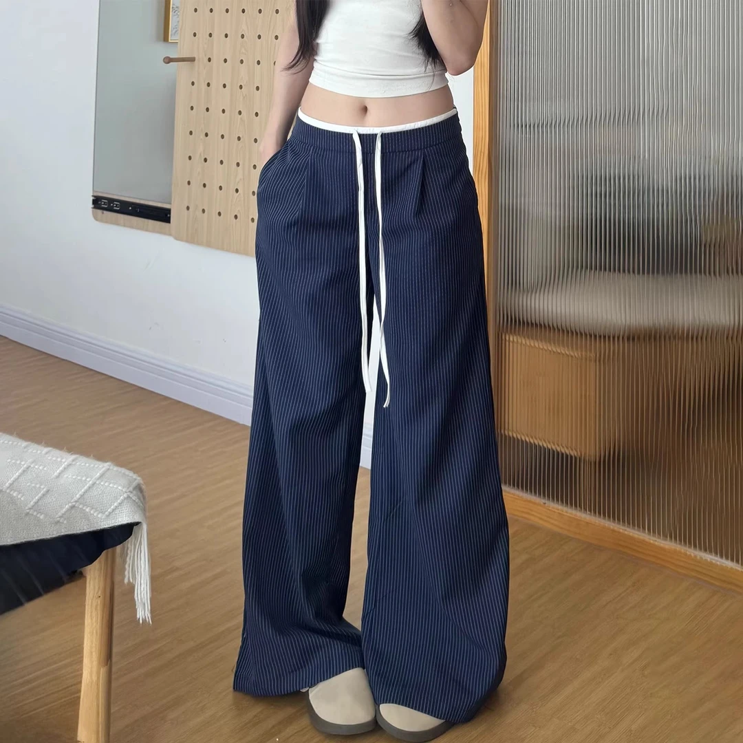 百搭垂感条纹阔腿裤女大码2025夏季薄款胖mm小个子显瘦宽松休闲裤