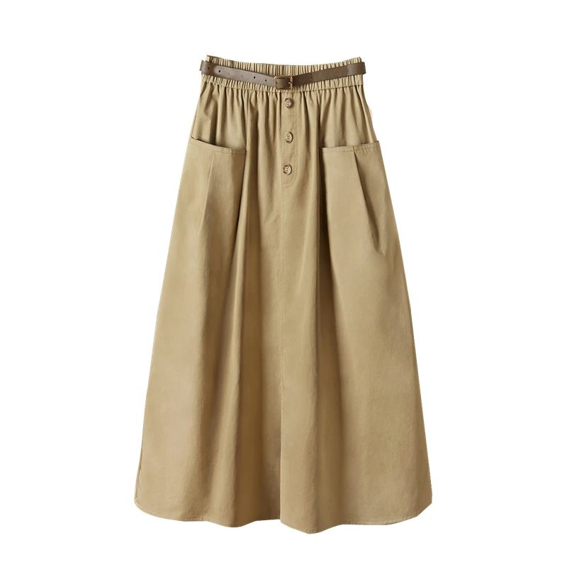 她池2025棉秋季流光风女松紧腰纯色中长款宽松半身裙T31B0334BT