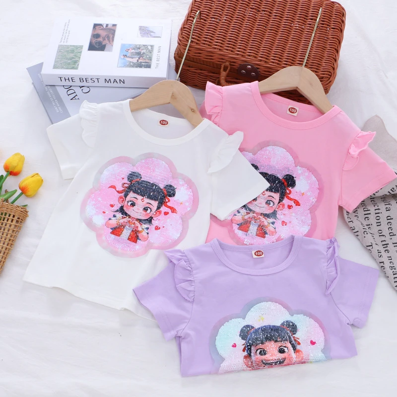 女童哪吒变脸短袖T恤夏季新款宝宝洋气亮片上衣小女孩薄款打底衫