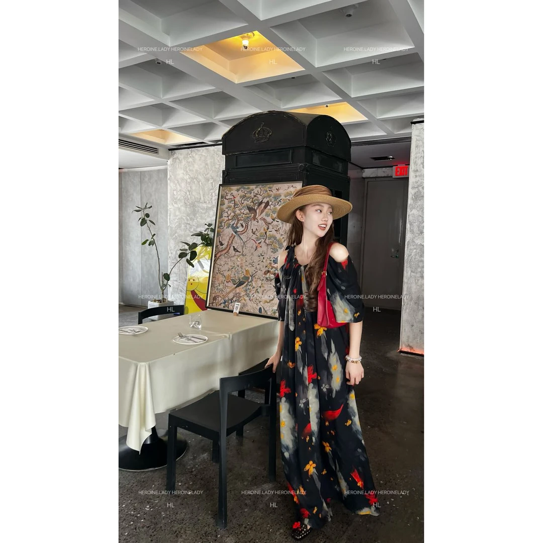 【桂馥兰香】HL棉绸夏季高级气质显瘦露肩系绳宽松短袖长款连衣裙