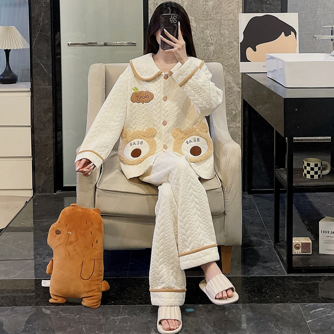 睡衣女春秋冬季长袖空气棉夹层2025新款大码棕口袋小熊套装家居服