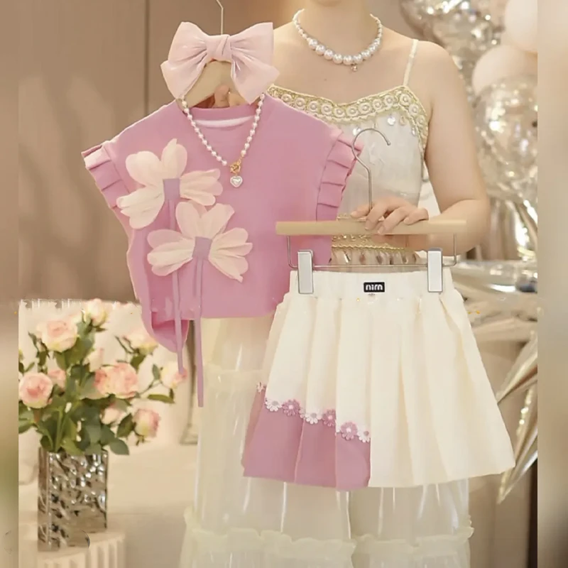 女童夏装套装2025新款洋气儿童夏季韩系宝宝短袖T恤百褶裙两件套