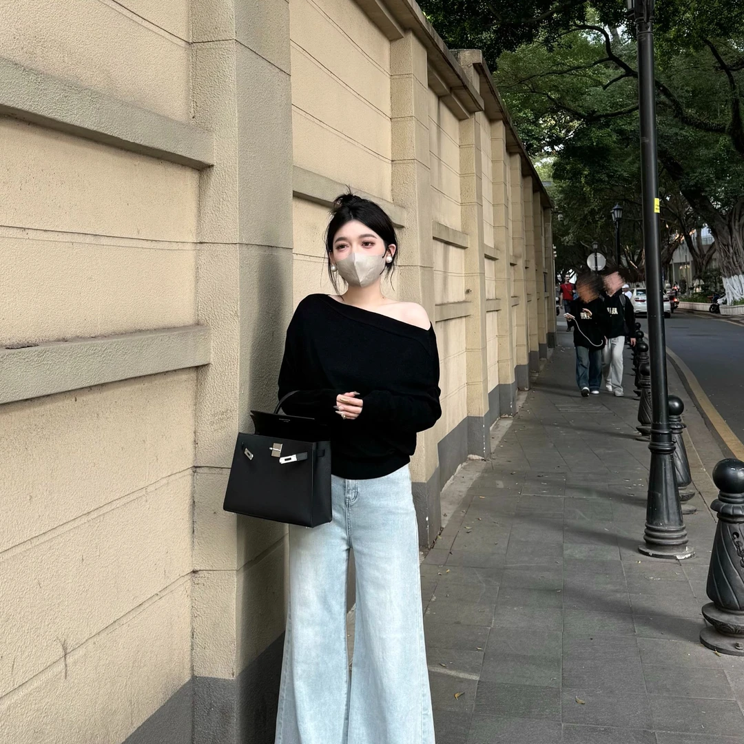 大静推荐【南风过境】 春夏新款斜肩一字领显瘦防晒长袖针织衫