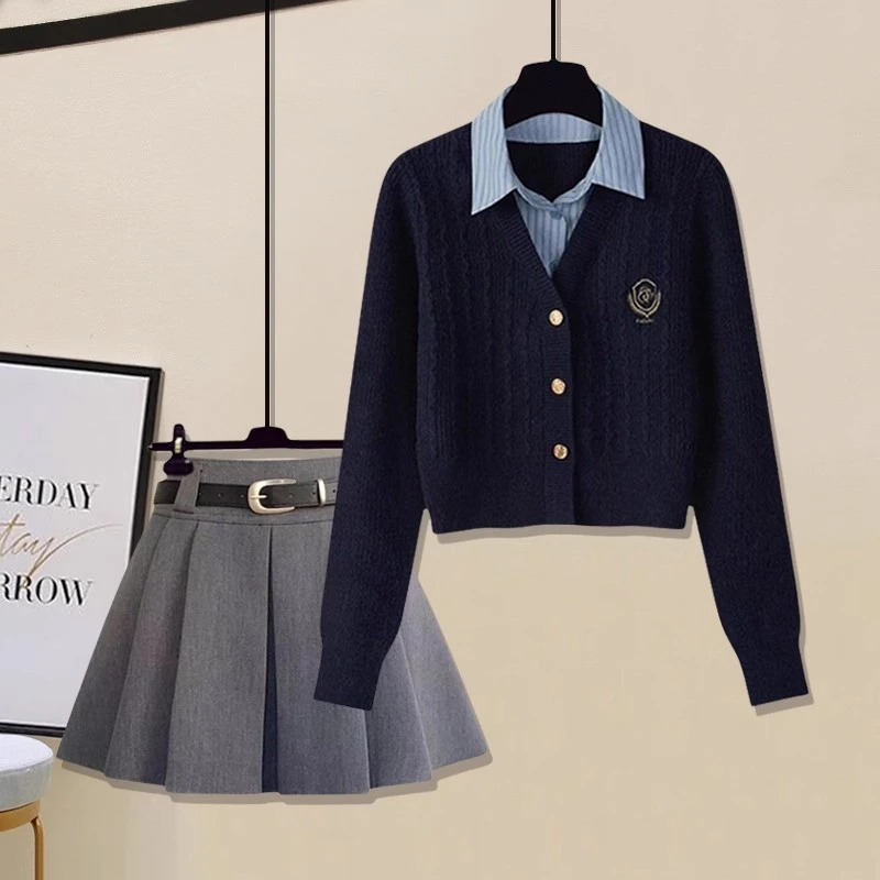 春秋2025新款韩系穿搭洋气学院风上衣毛衣外套针织衫半身裙两件套