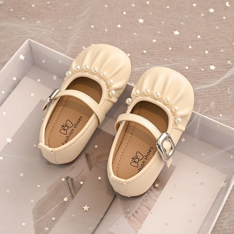 ABC女童皮鞋2025春秋新款小女孩珍珠公主鞋软底宝宝豆豆浅口单鞋
