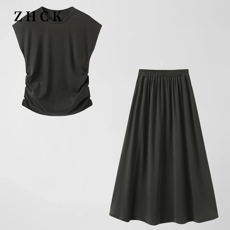 ZHCK韩系纯色百搭套装2025新款无袖上衣+松紧腰百搭半裙两件套女