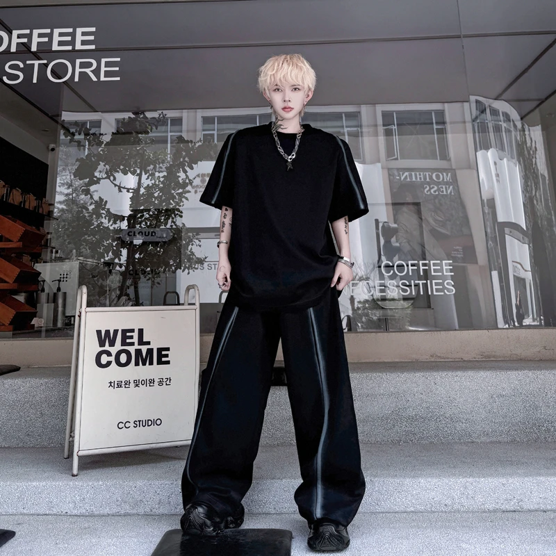 夏季暗黑运动撞色喷绘短袖T恤套装男一套搭配拖地阔腿长裤两件套