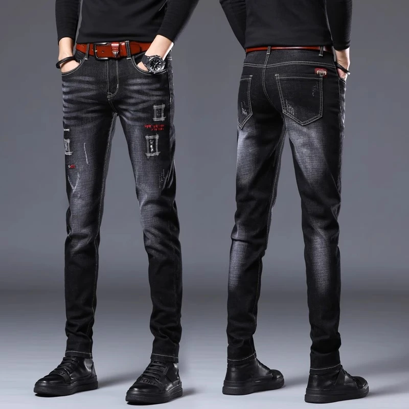 DESITASH夏季款高端网红刺绣牛仔裤男士潮牌修身弹力小脚时尚帅气