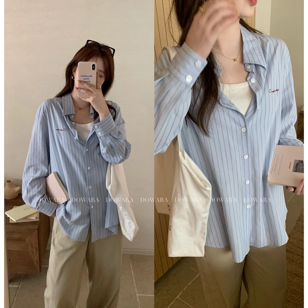 现货7630D大婉酱微胖定制蓝色条纹长袖衬衫女2025年春款气质衬衣