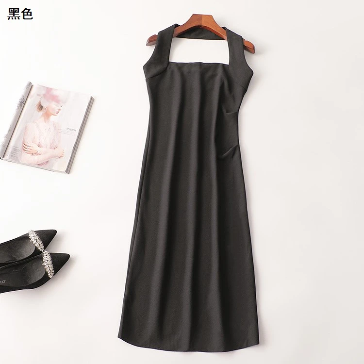 409538夏挂脖裙加长款黑色气质连衣裙纯色中长款无袖长裙夏季裙子