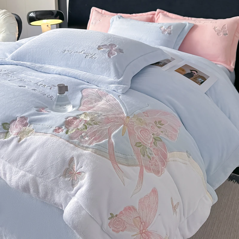 水星家纺冬季牛奶绒四件套加厚保暖毛绒被套双面绒床单珊瑚水晶绒