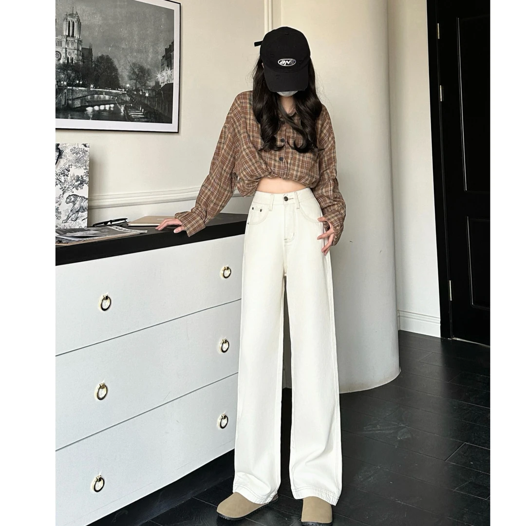 【赠送腰带】春夏新款浅杏色牛仔女高腰百搭宽松显瘦窄版直筒阔腿裤