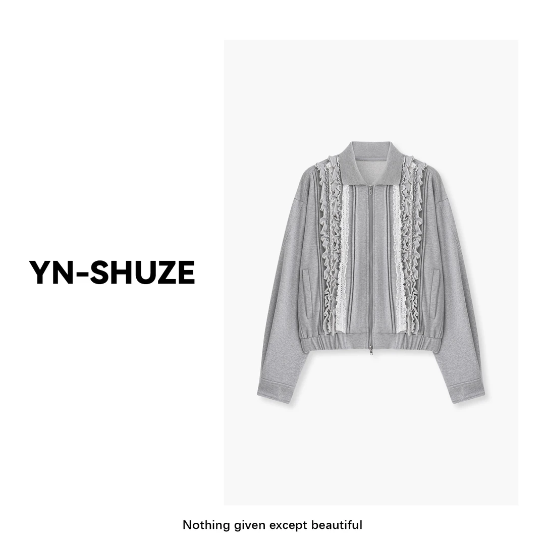 YN-SHUZE【时尚捕手】设计师蕾丝荷叶边拉链卫衣外套SZ-YNC-2024193