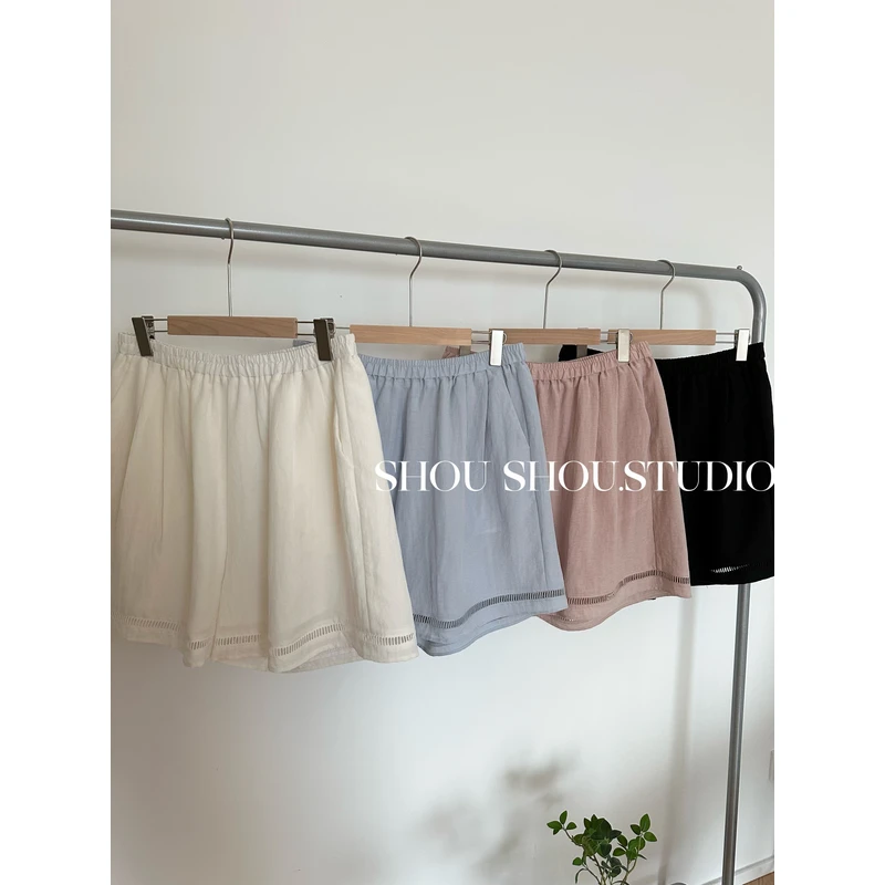 【瘦瘦】大码夏季天丝亚麻松紧腰镂空百搭宽松外穿阔腿短裤S01756
