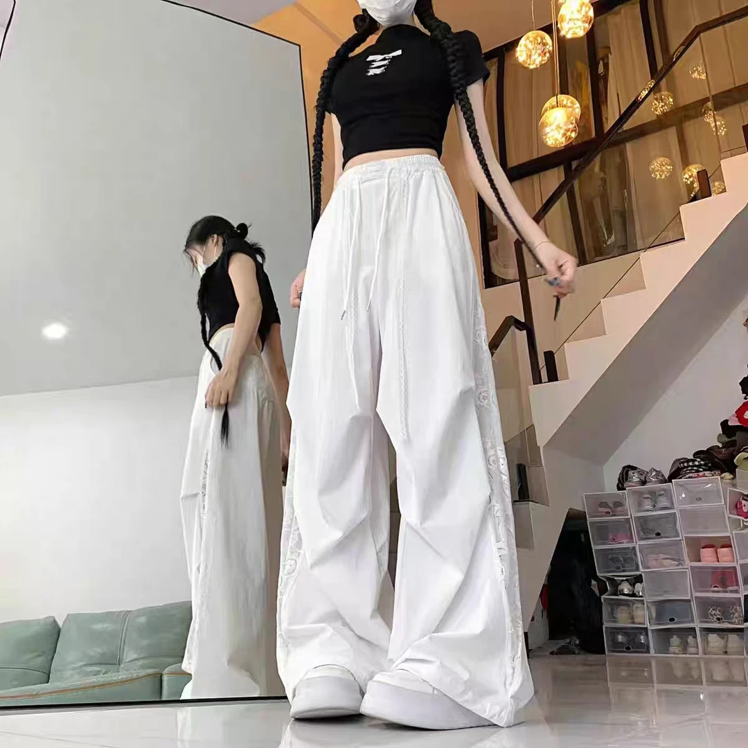 美式蕾丝拼接速干工装裤女款2025新款夏季松紧腰百搭宽松运动裤