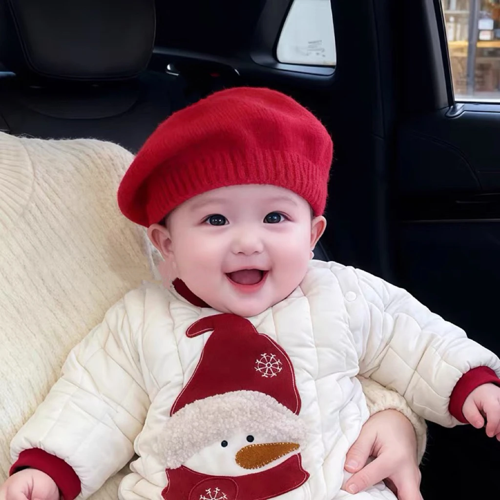 婴幼儿贝雷帽秋冬卡通醒狮毛线帽男女宝宝新年红色喜庆保暖针织帽