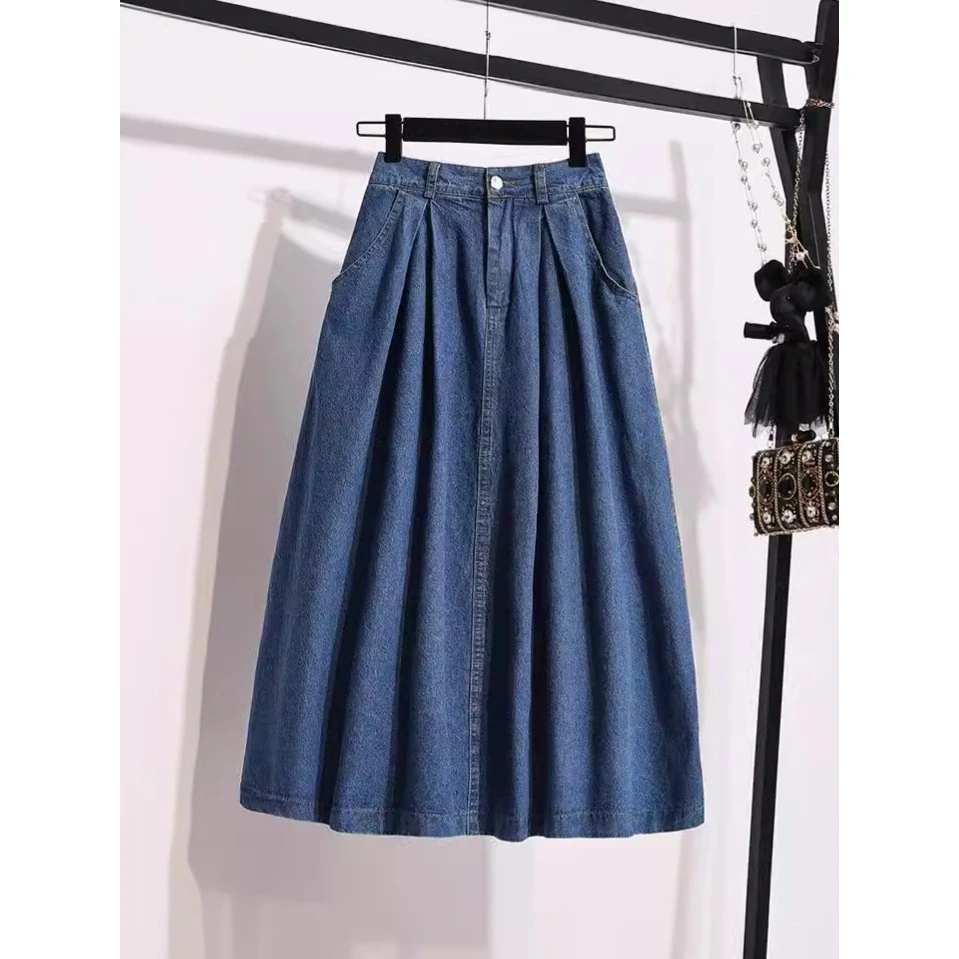 外贸品牌原单大码牛仔半身裙女高腰显瘦宽松遮胯字大摆工装伞裙