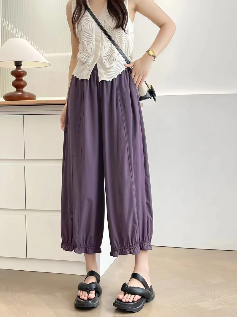 夏季宽松显瘦百搭木耳花边休闲裤 高级洋气加宽加大女装