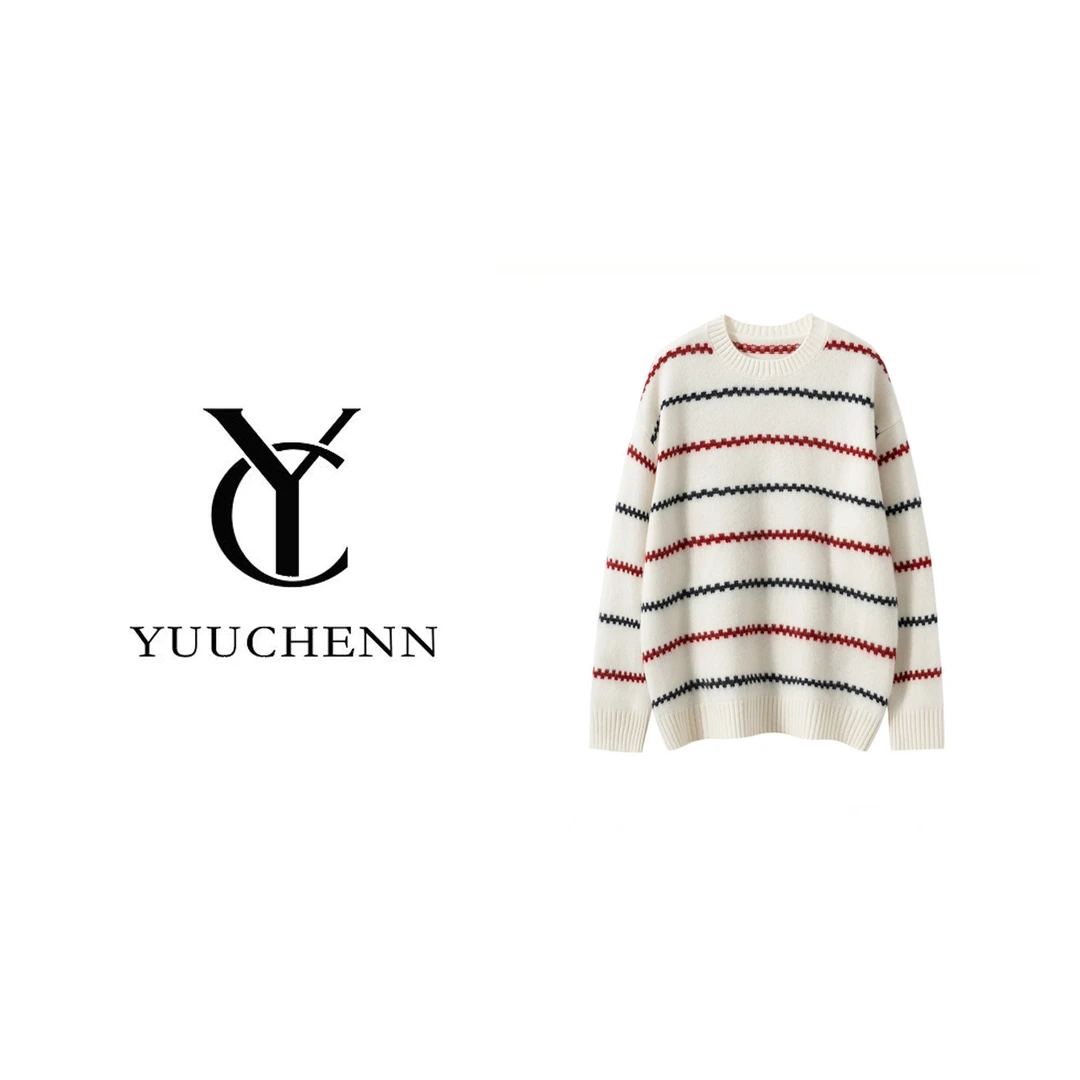 YUUCHENN羊绒五针宽松复古高级感圆领彩条5053