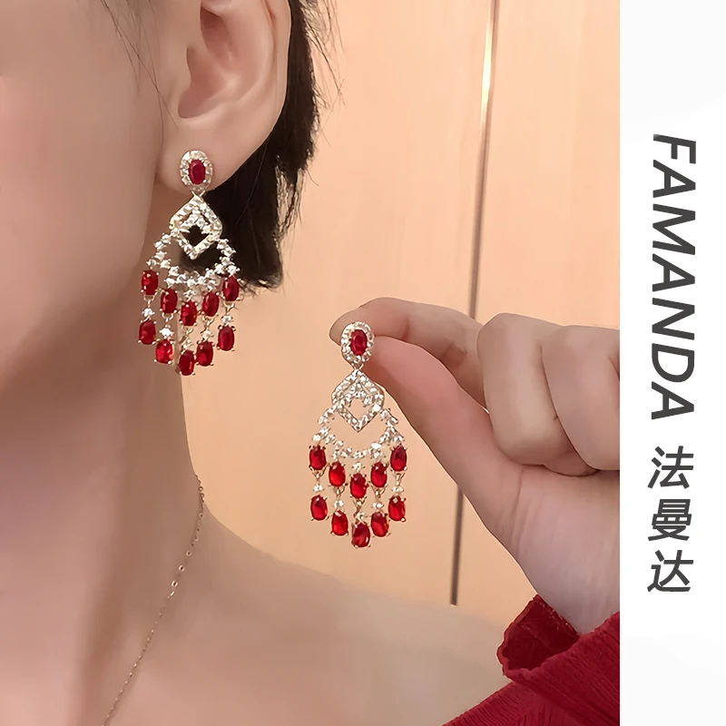 铜合金锆石耳饰 【夜魅女王】轻奢名媛贵气镶嵌水滴气质耳环