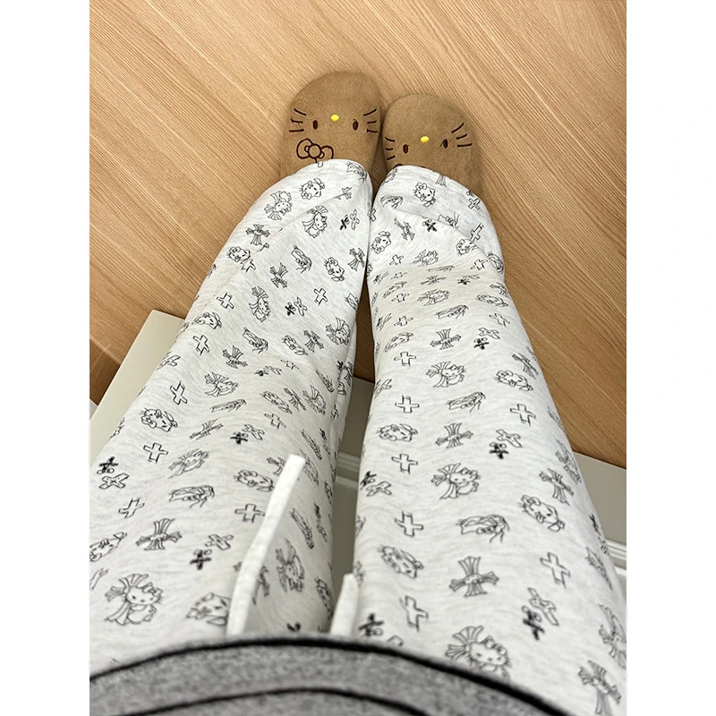 可爱卡通邪恶kitty垂感糯米裤女秋季韩版休闲松紧高腰直筒拖地裤