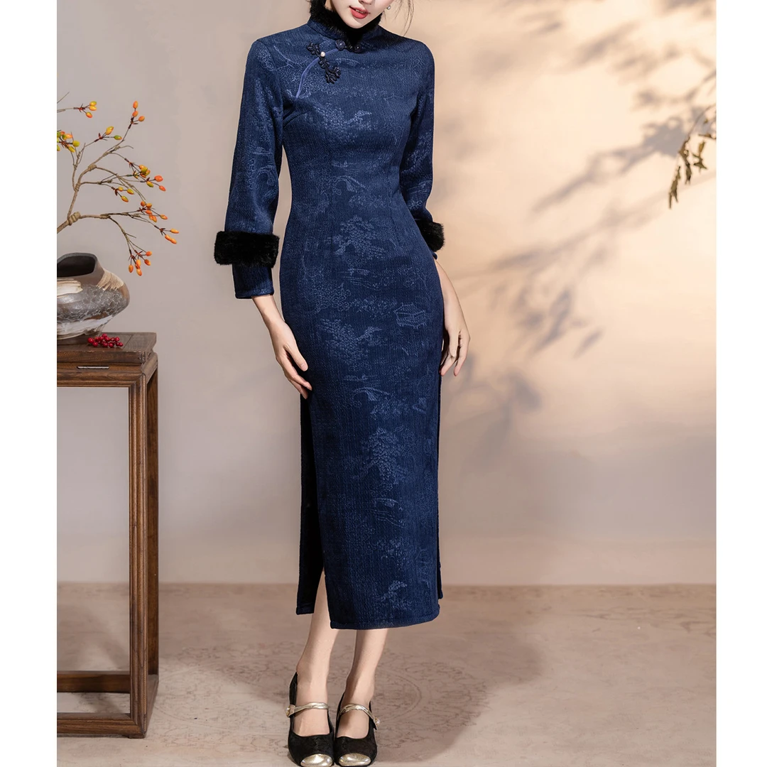 深蓝色旗袍2025新款秋冬季加绒加厚冬装新中式连衣裙日常可穿冬天