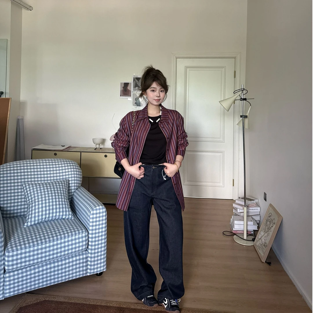 晶咕软软【私服衬衫】韩版设计感宽松小众复古彩色长袖条纹衬衫外套